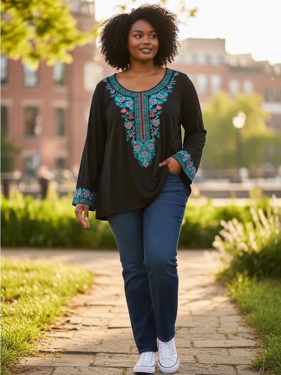 No name Tops - Black Embroidered Scoop-Neck Tunic with Teal & Pink Floral Accents